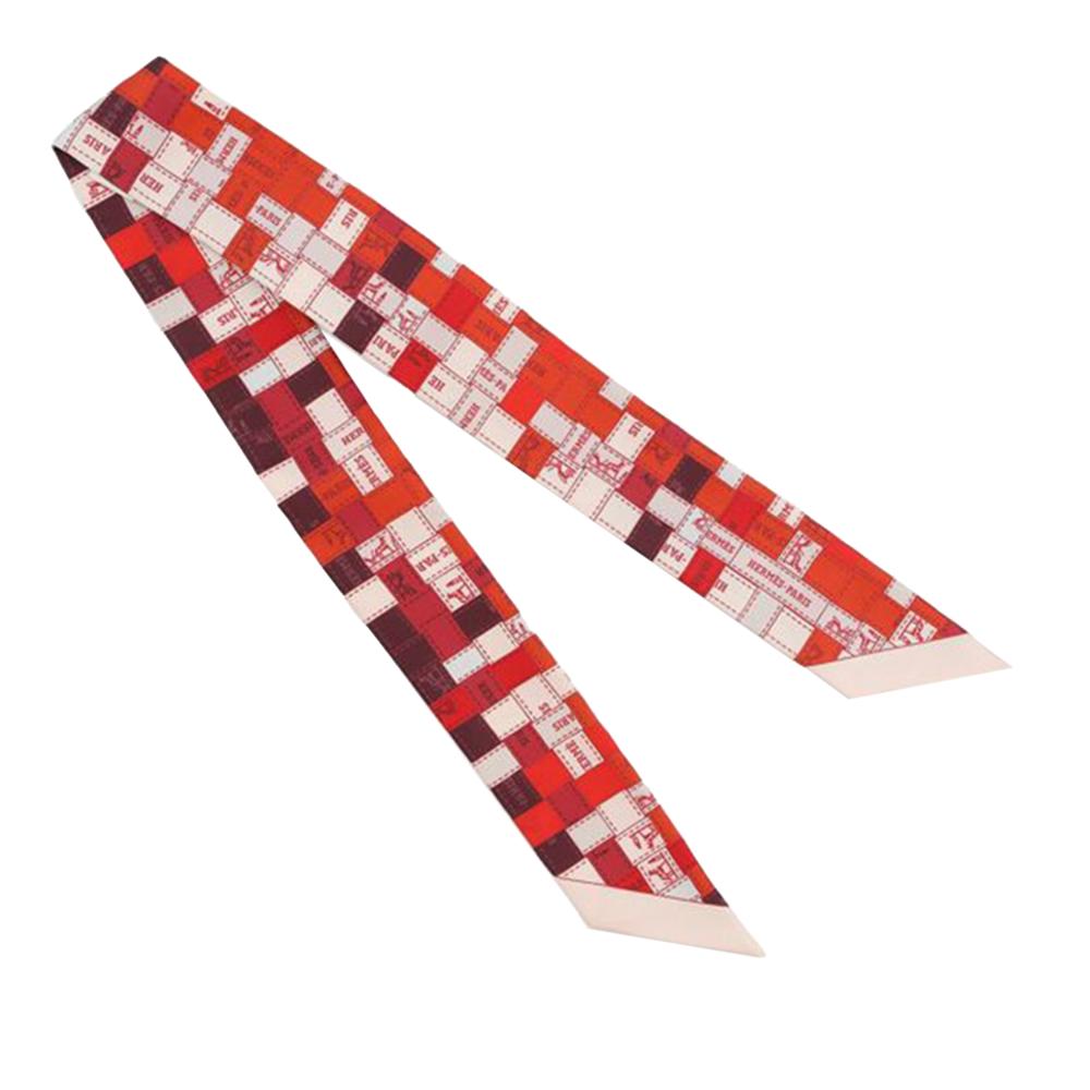 Hermès A Hermès Red with White Silk Fabric Bolduc Au Carre Twilly Scarf France