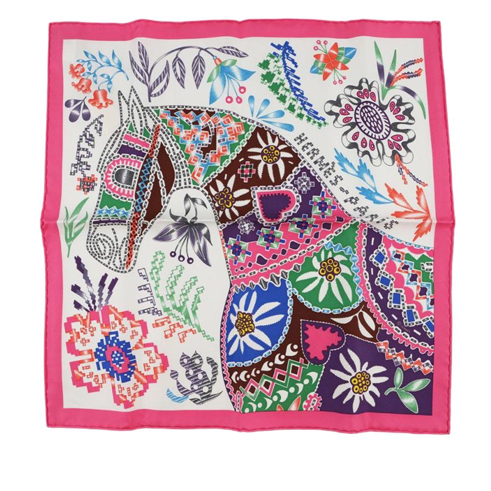 Hermès A Hermès Pink with Multi Silk Fabric En Attendant Ulysse Gavroche Scarf France