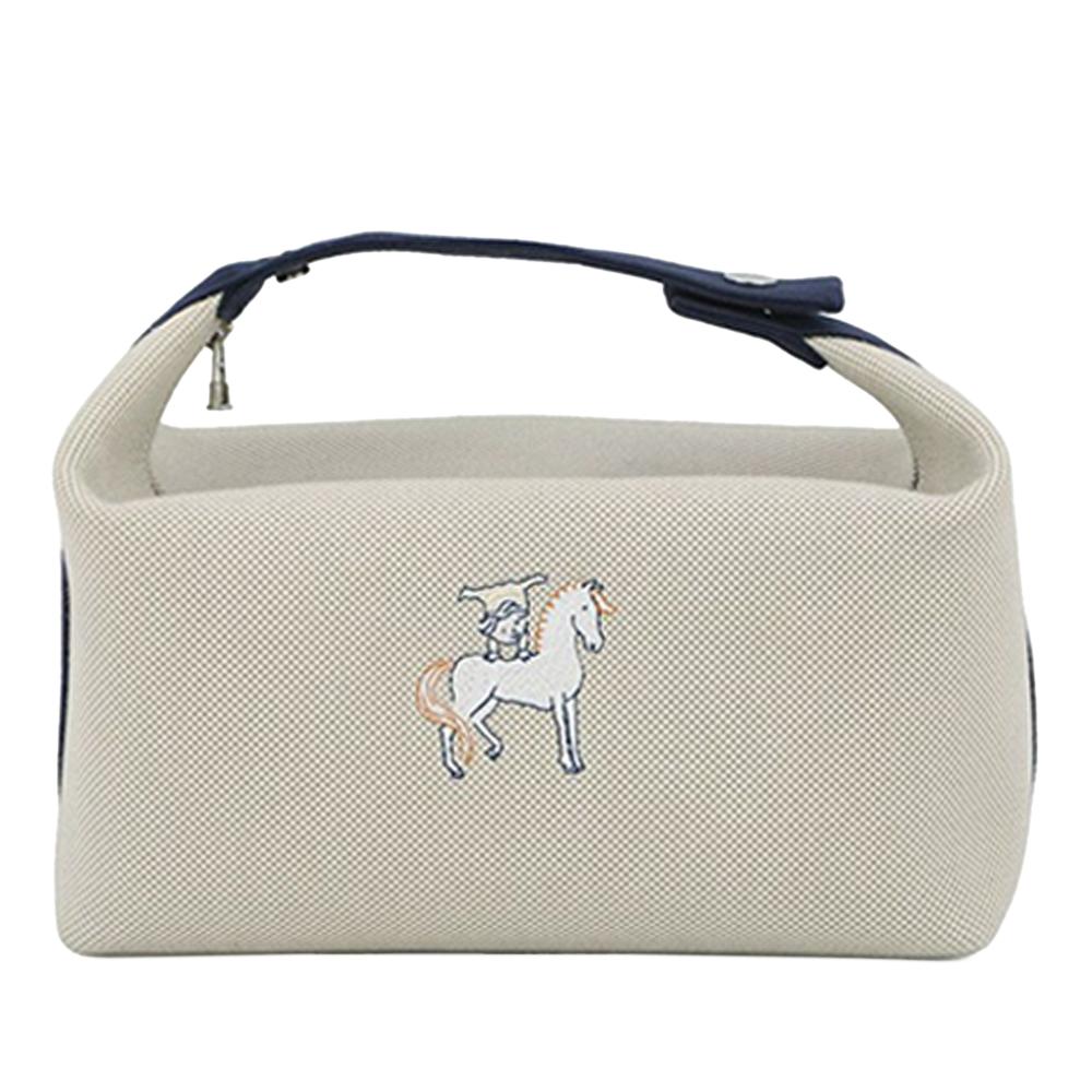 Hermès AB Hermès Brown Beige with Blue Navy Canvas Fabric Large Toile Bride A Brac Cabriole Case France
