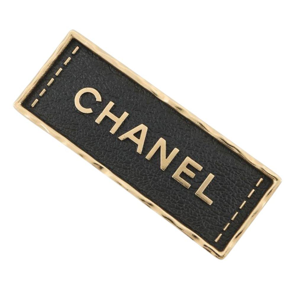 Chanel AB Chanel Gold with Black Gold Plated Metal and Leather Logo Plate Brooch France