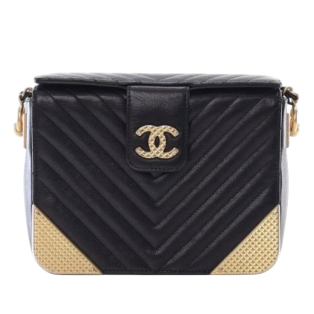 Chanel AB Chanel Black with Gold Calf Leather CC Chevron skin Rock The Corners Minaudiere Bag Italy