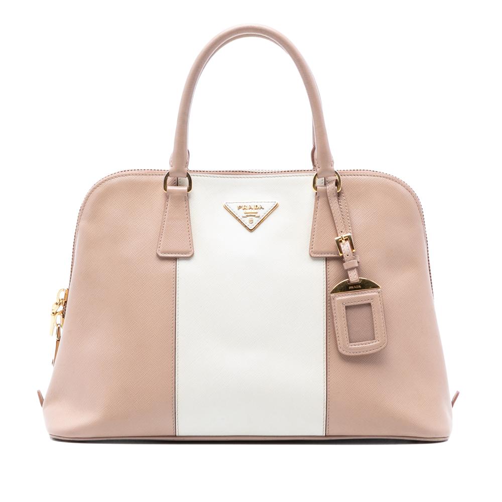 Prada B Prada Pink Light Pink with Brown Beige Saffiano Leather Medium Bicolor Lux Promenade Satchel Italy