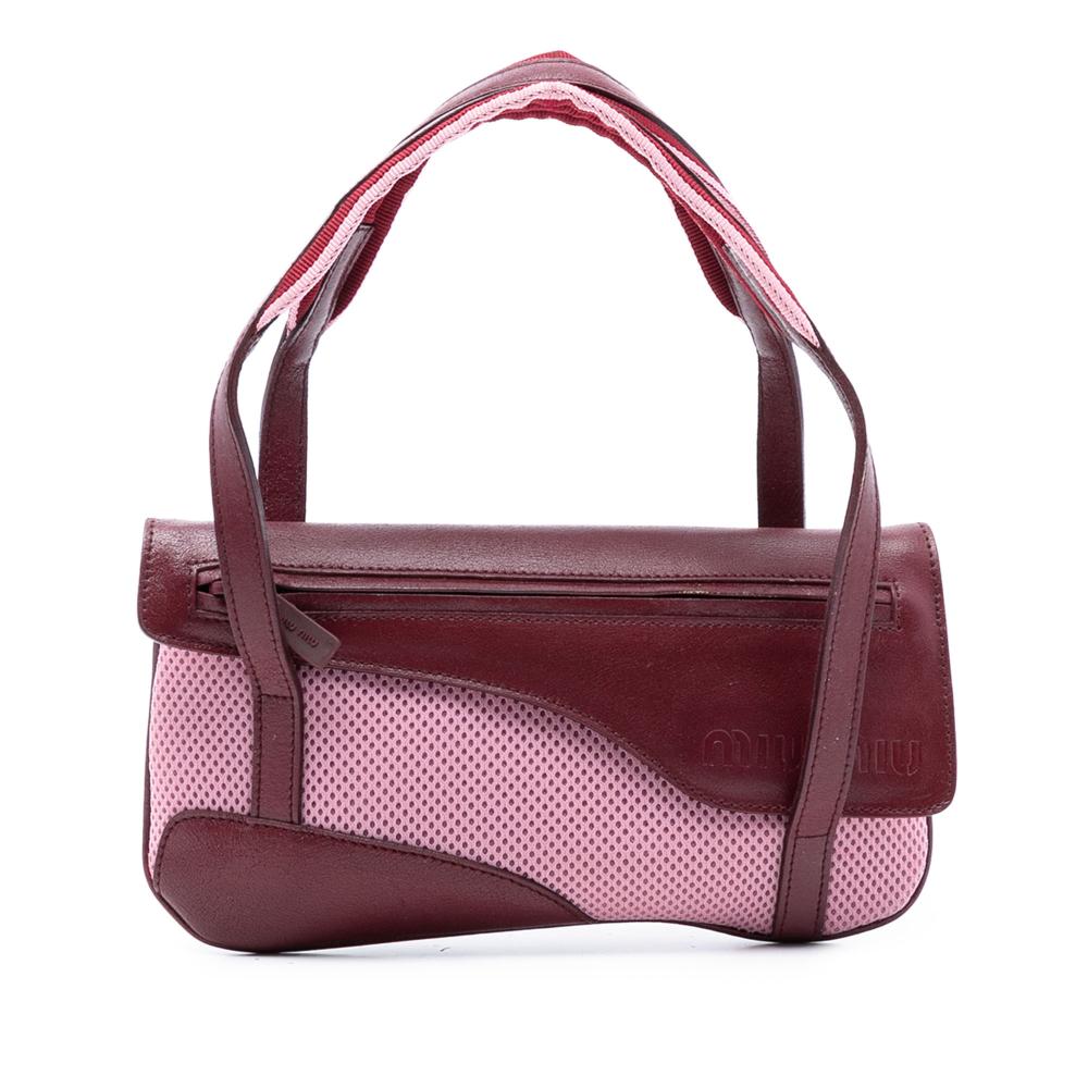Miu Miu B Miu Miu Red Burgundy with Pink Mesh Fabric Leather Trimmed Handbag Italy