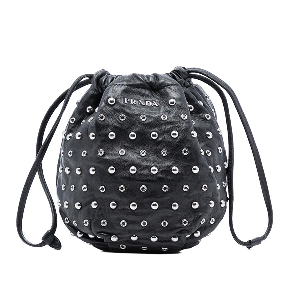 Prada B Prada Black Calf Leather Studded Drawstring Pouch Italy