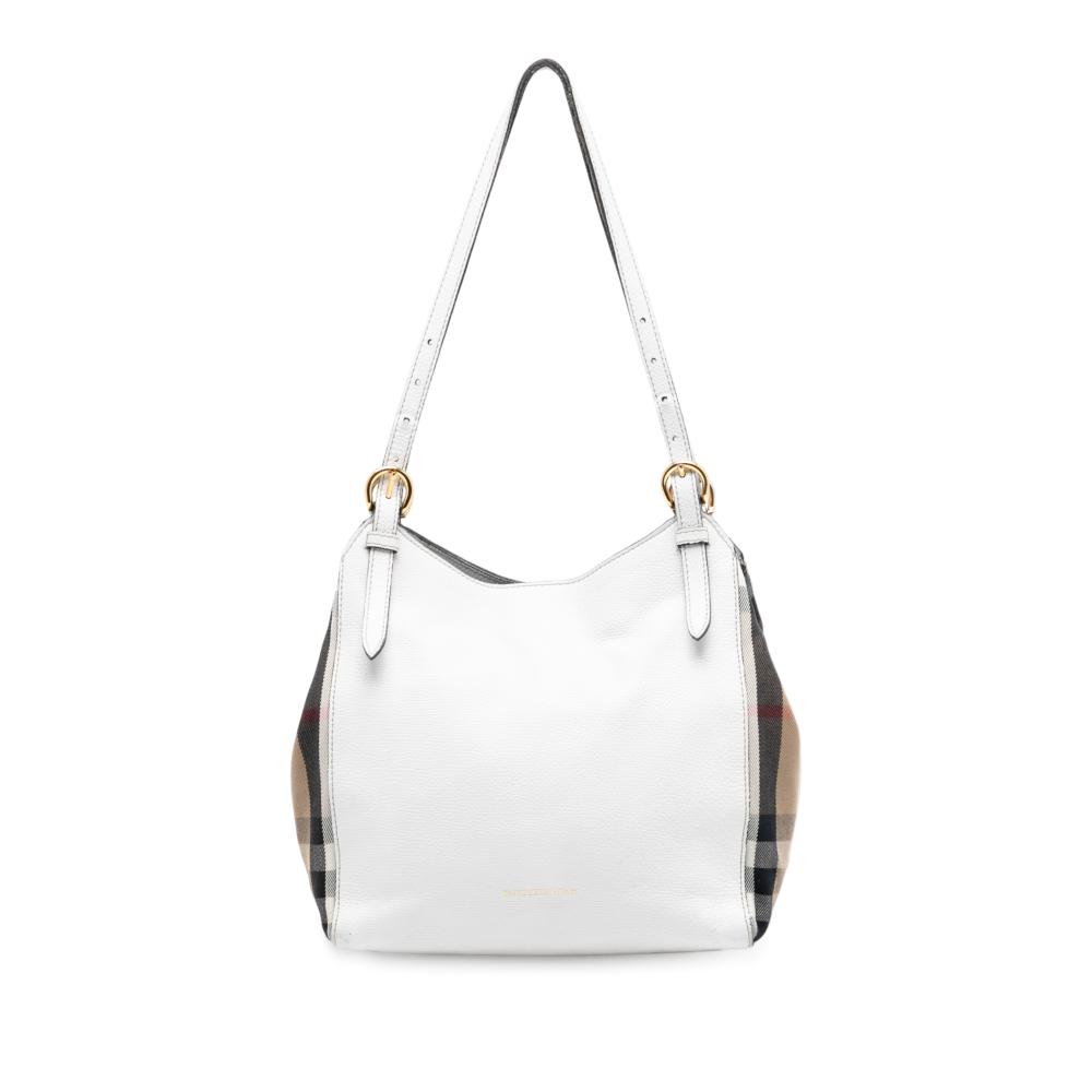Burberry B Burberry White Calf Leather Small and House Check Canvas Canterbury Tote Italy