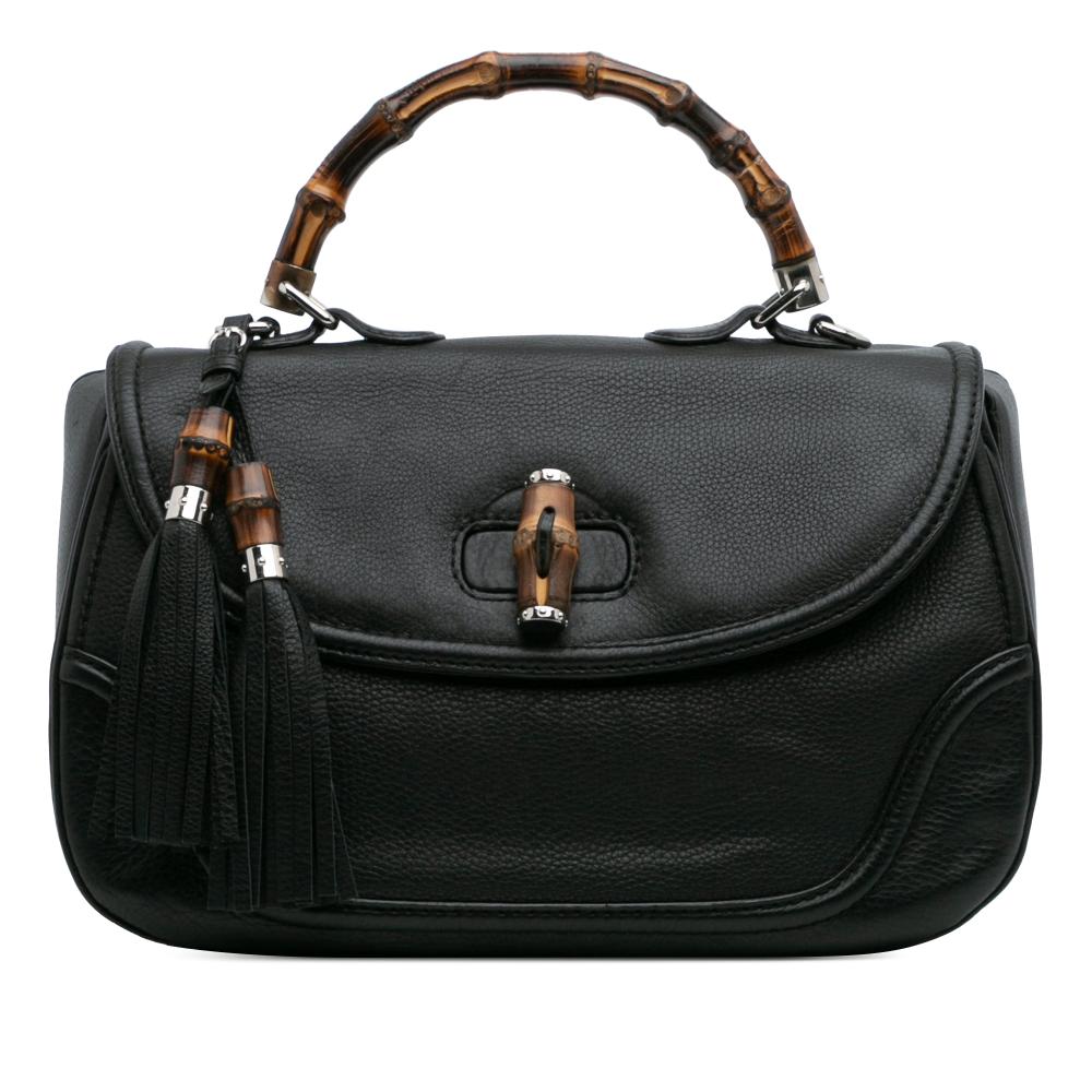 Gucci B Gucci Black Calf Leather Large Pebbled skin New Bamboo Top Handle Bag Italy