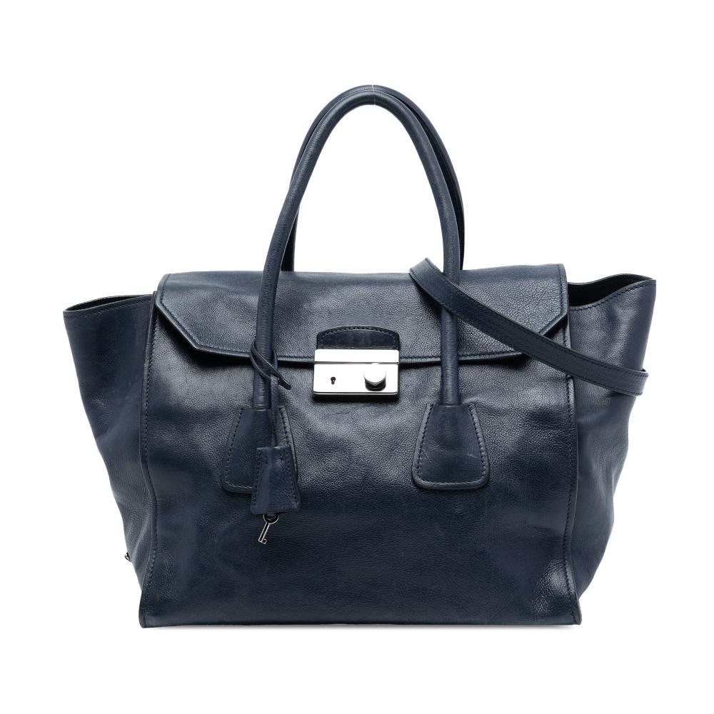 Prada B Prada Blue Navy Calf Leather Glace Sound Lock Satchel Italy