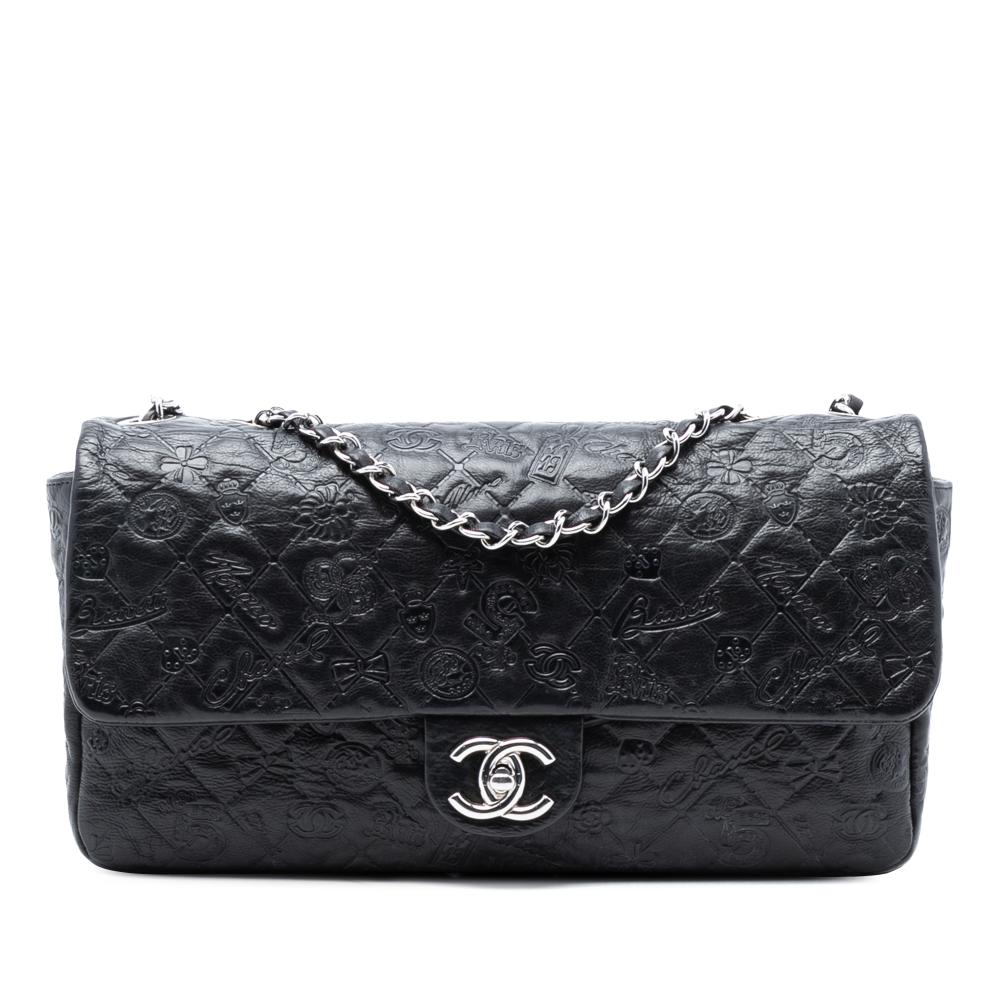 Chanel B Chanel Black Calf Leather Jumbo Embossed skin Lucky Symbols Flap Italy