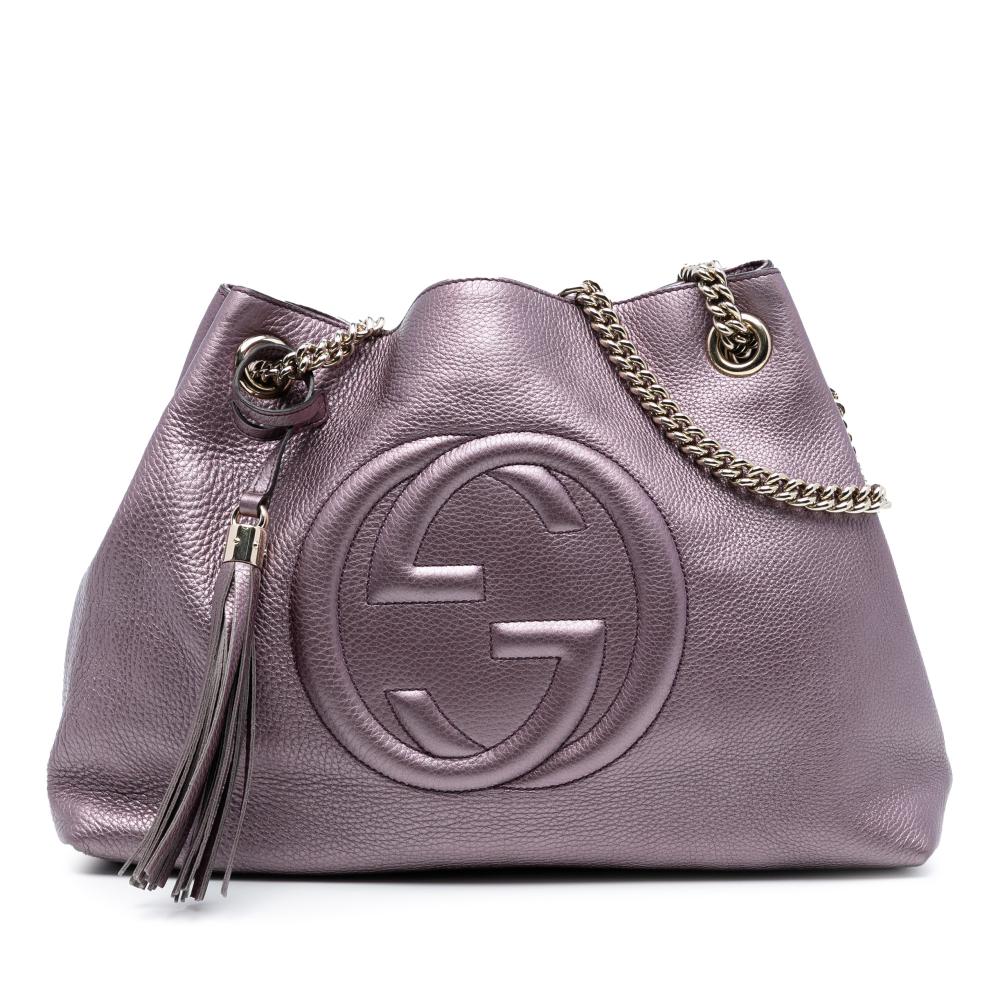 Gucci AB Gucci Purple Calf Leather Medium Metallic Soho Chain Tote Italy