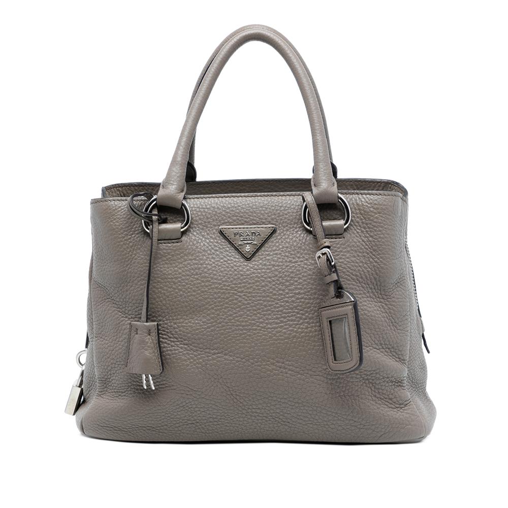 Prada B Prada Brown Taupe Calf Leather Vitello Daino Zip Top Convertible Tote Italy