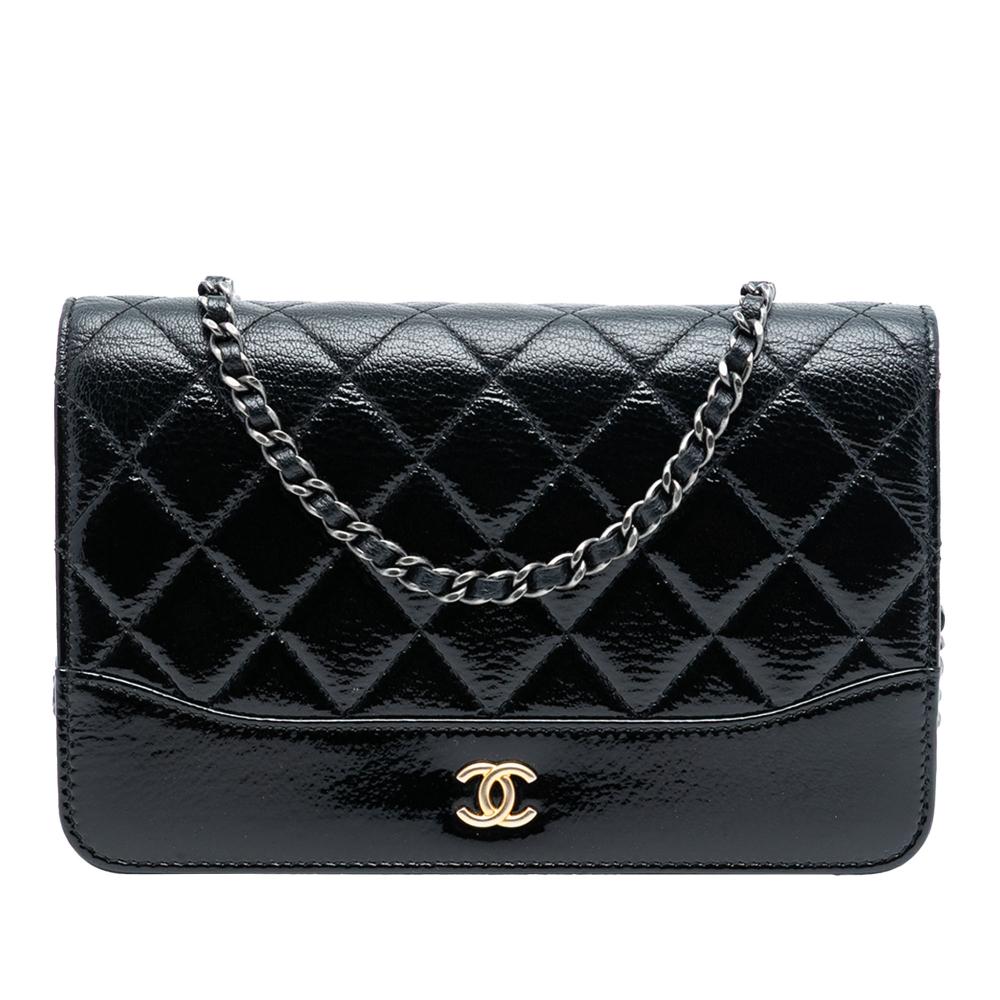 Chanel Black Patent Leather Leather CC Quilted Patent Aged Calfskin Gabrielle Wallet On Chain Italy