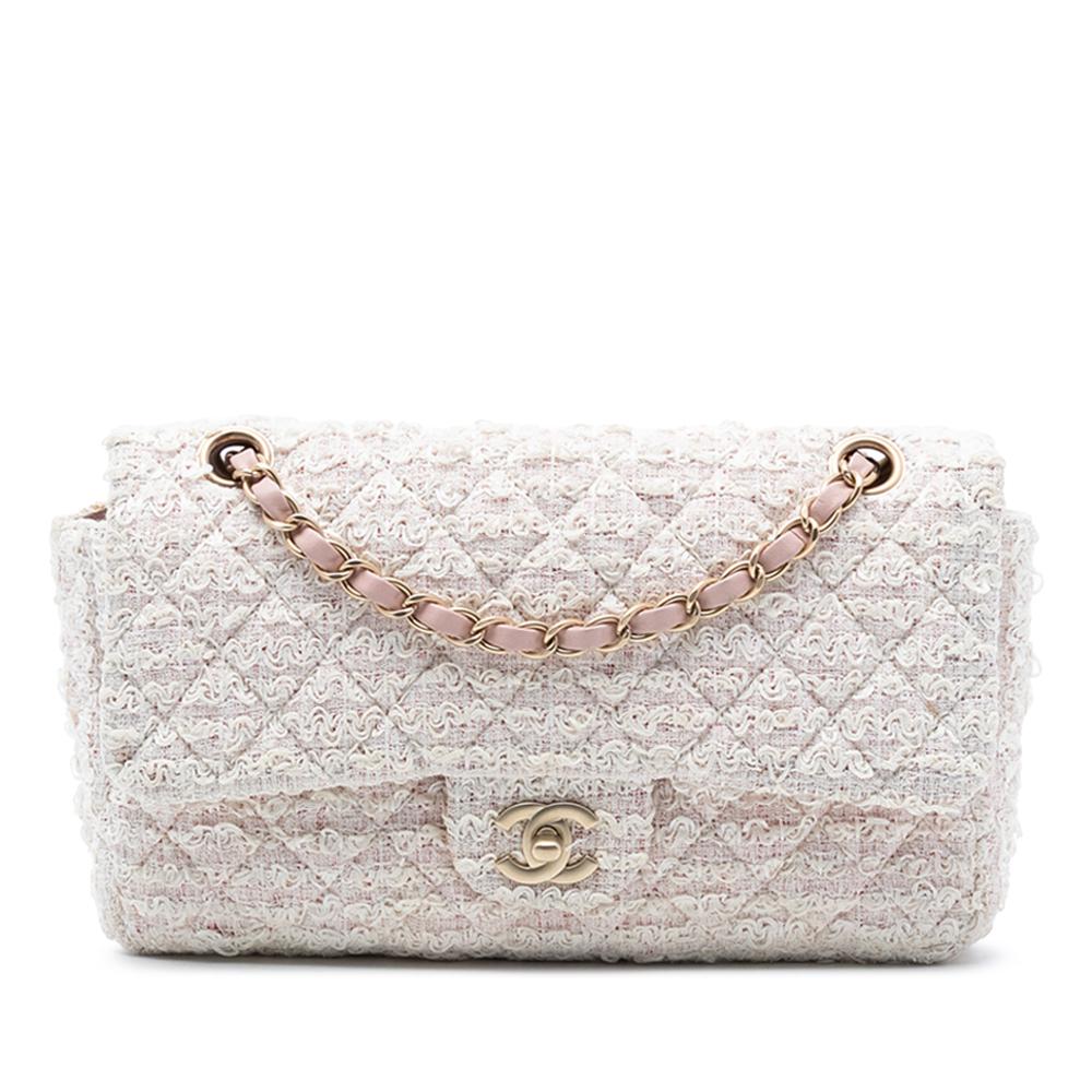 Chanel AB Chanel Pink Light Pink with White Tweed Fabric Medium Classic Single Flap France