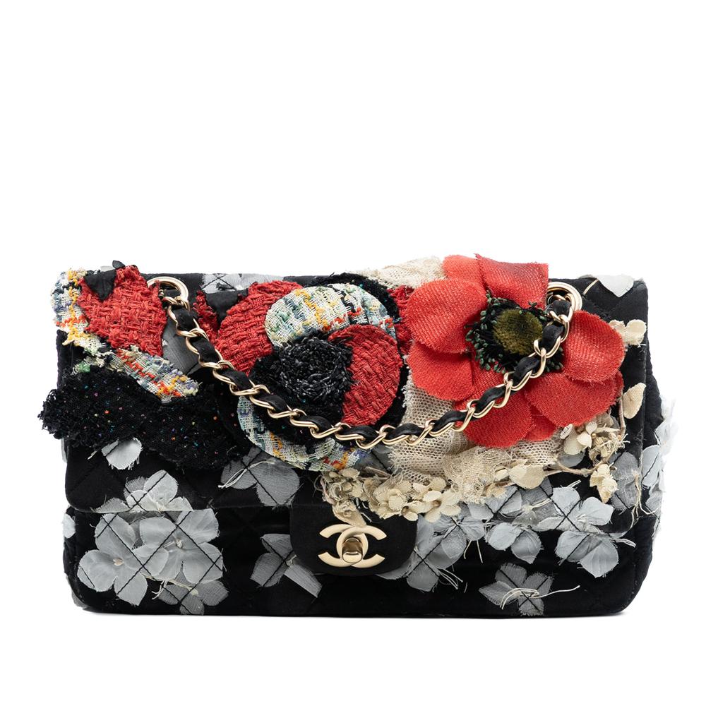 Chanel B Chanel Black Nylon Fabric Limited Edition Medium Classic Quilted Floral Single Flap France