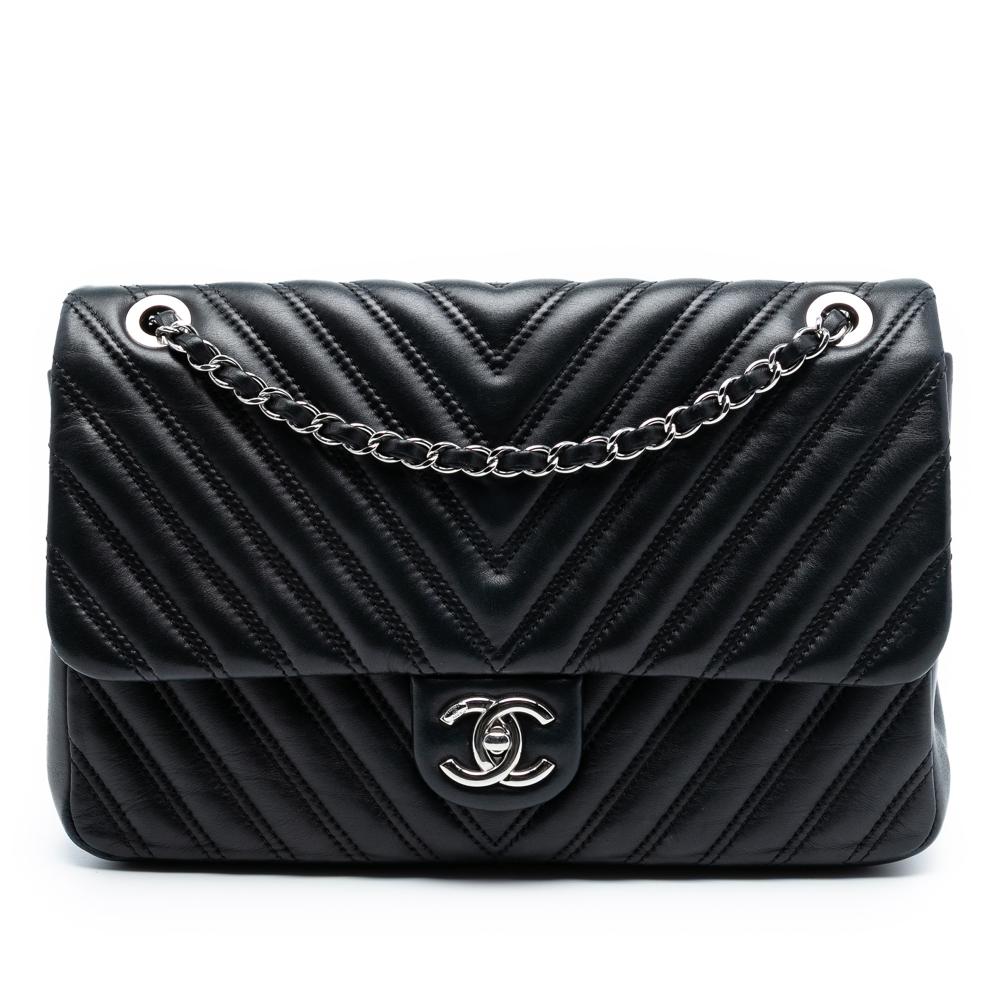 Chanel Black Lambskin Leather Leather Jumbo Classic Chevron Lambskin Double Stitch Single Flap Italy