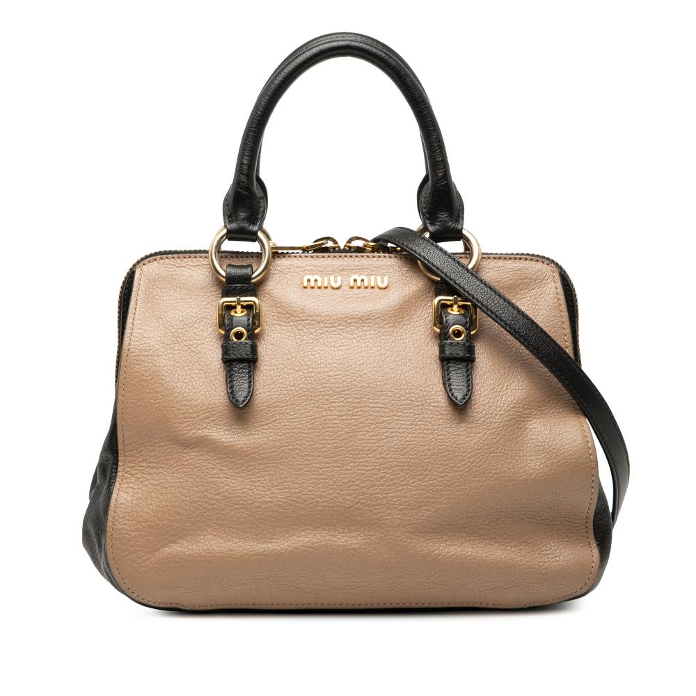 Miu Miu B Miu Miu Brown Beige with Black Goatskin Leather Bicolor Madras Satchel Italy