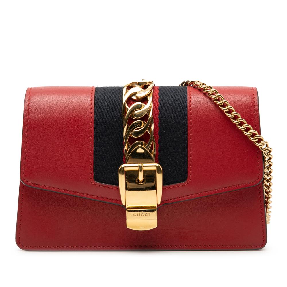 Gucci AB Gucci Red Calf Leather Super Mini Sylvie Chain Crossbody Italy