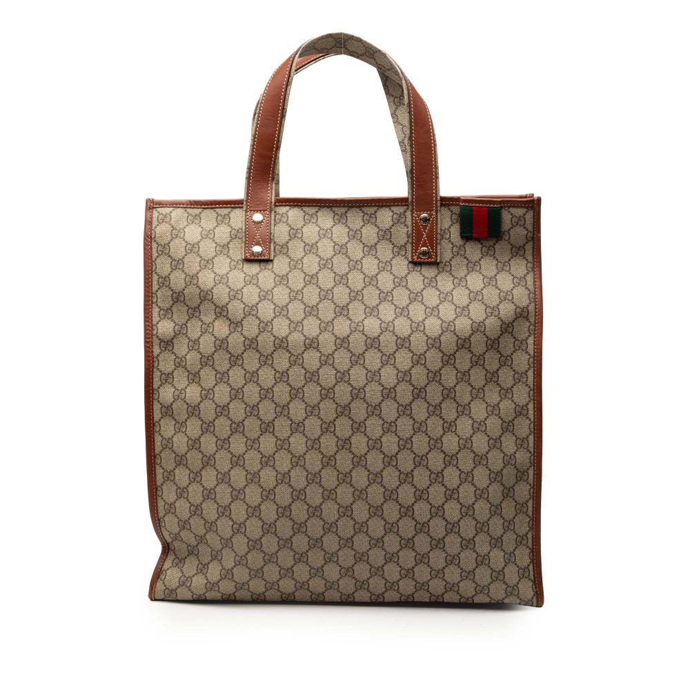Gucci B Gucci Brown Beige Coated Canvas Fabric GG Supreme Web Tote Italy