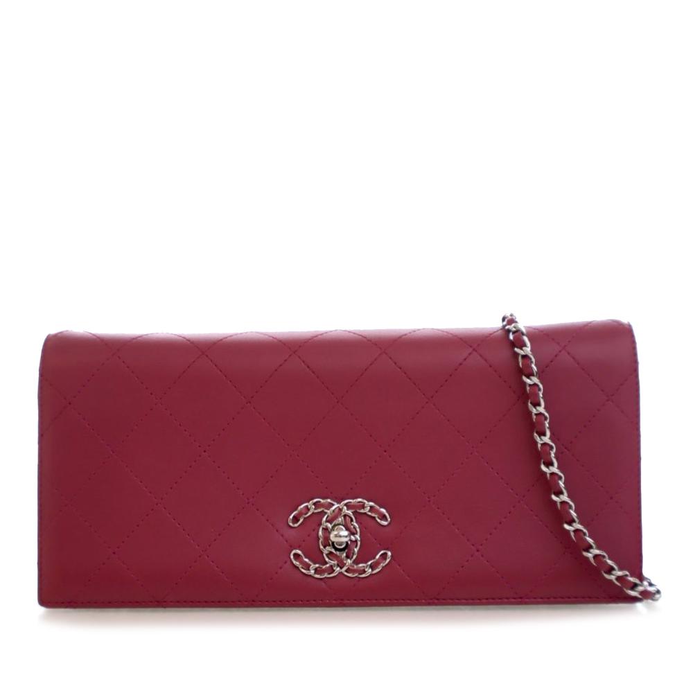 Chanel AB Chanel Pink Dark Pink Lambskin Leather Leather Quilted Lambskin 19 Clutch on Chain Italy