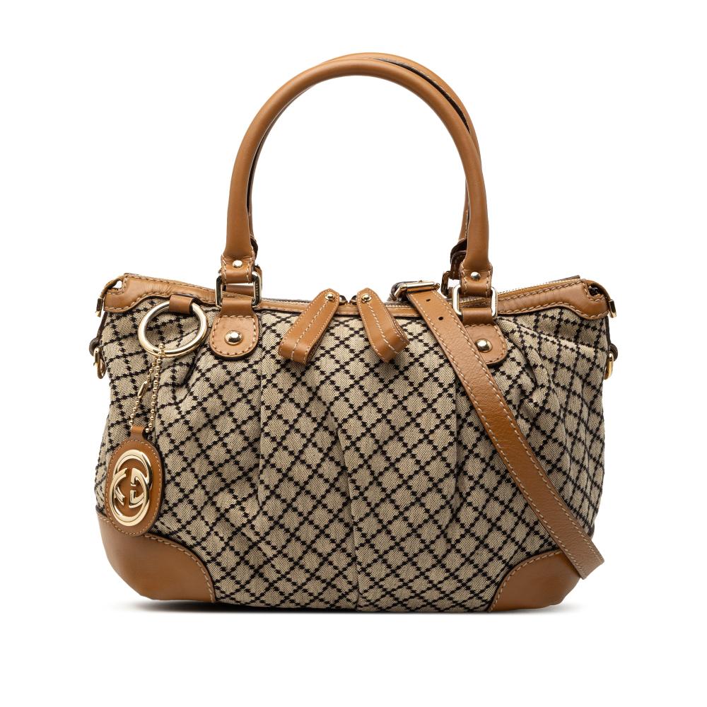 Gucci B Gucci Brown Beige Canvas Fabric Diamante Sukey Satchel Italy