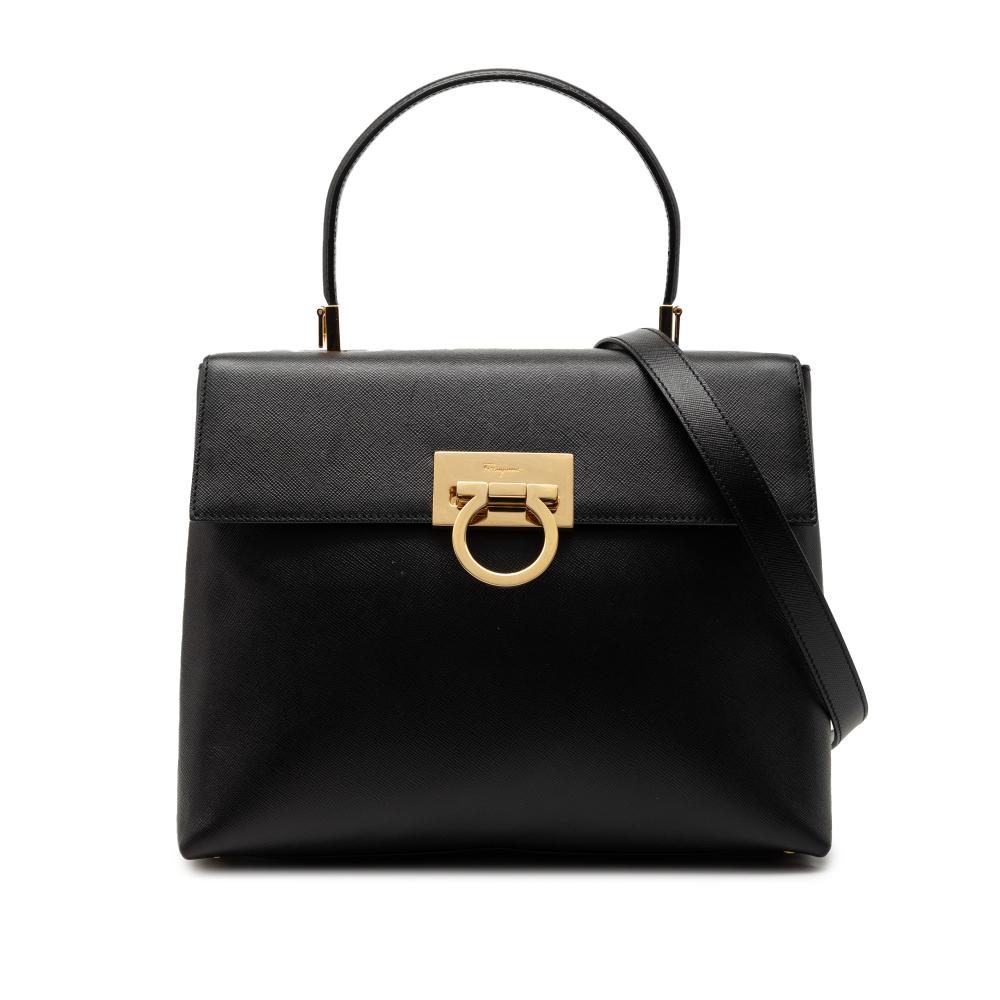 Ferragamo AB Ferragamo Black Calf Leather Gancini Iconic Top Handle Bag Italy
