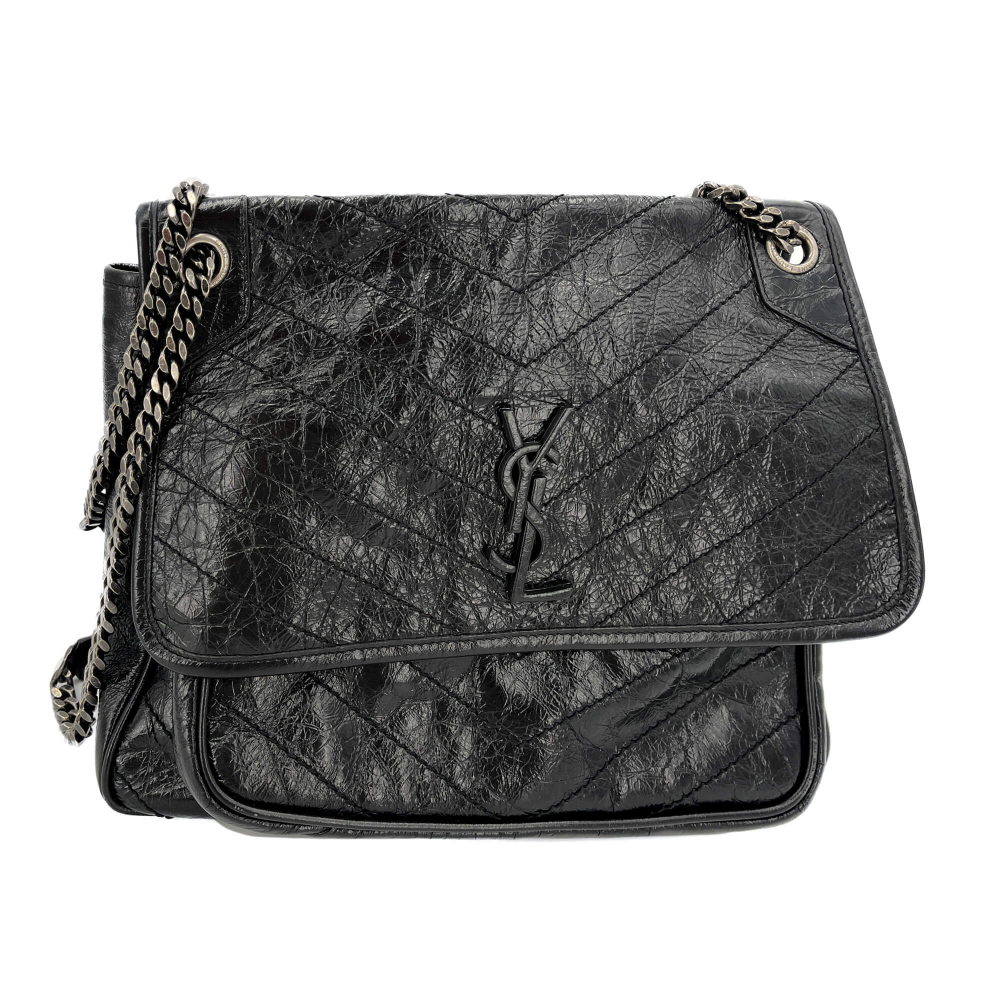Saint Laurent Niki Large Chevron Quilted Vintage Calf Leather 2-Ways Flap Shoulder Bag Black