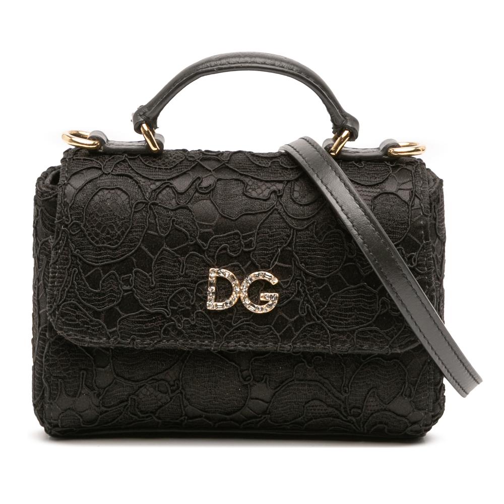 Dolce&Gabbana AB Dolce & Gabbana Black Silk Fabric and Lace Crystal Embellished DG Flap Satchel Italy