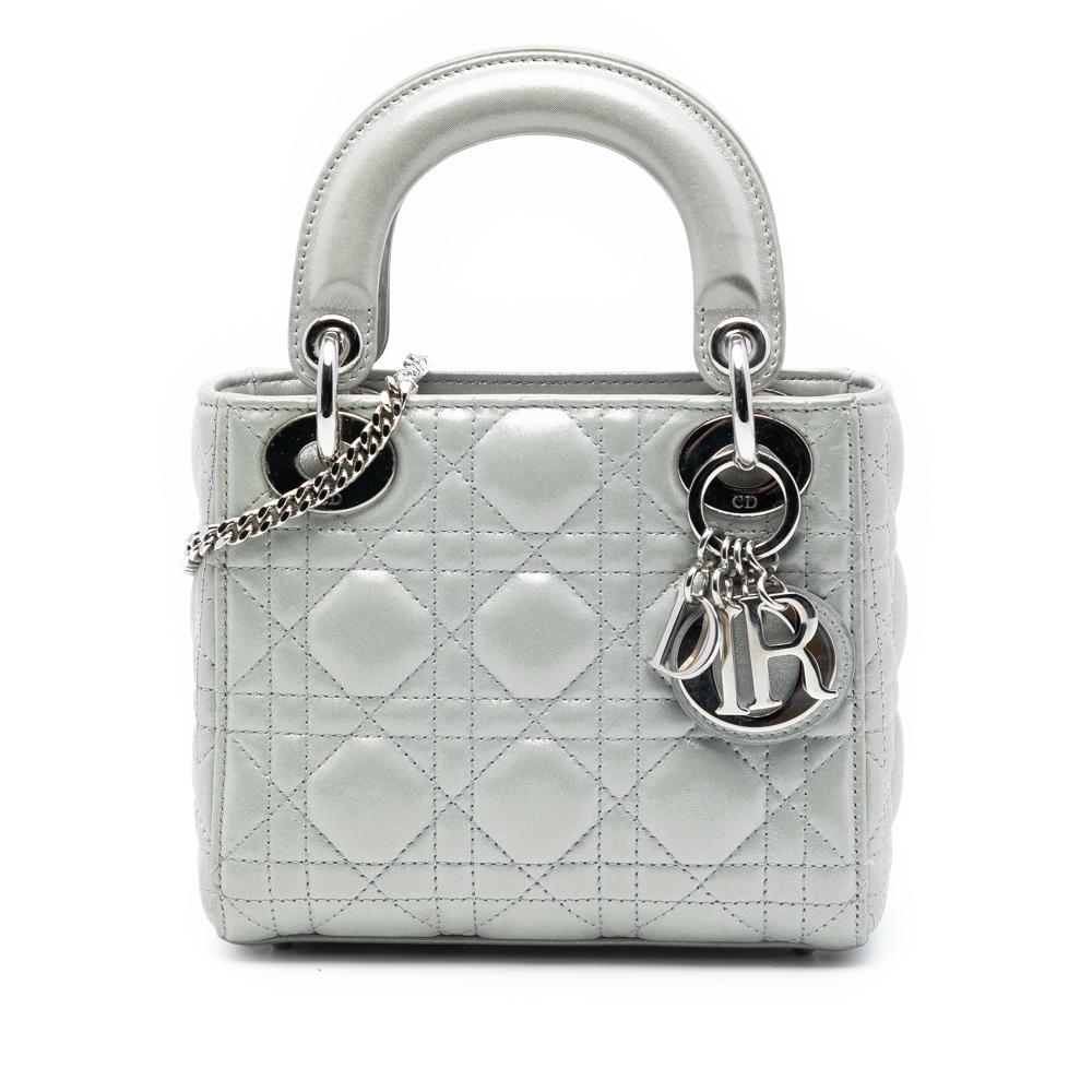 Christian Dior AB Dior Silver Lambskin Leather Leather Mini Iridescent Lambskin Cannage Lady Dior Italy