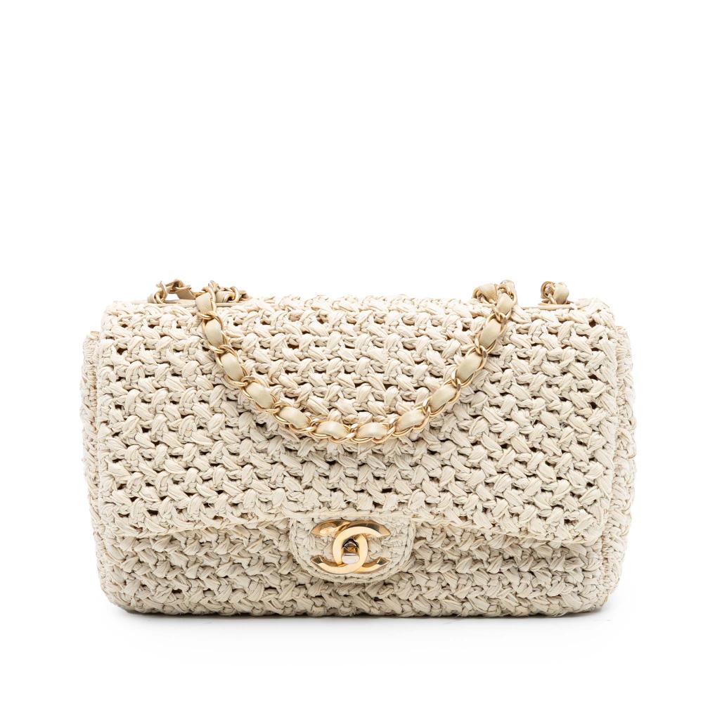 Chanel B Chanel Brown Light Beige Raffia Natural Material Medium Classic Crochet Single Flap Italy