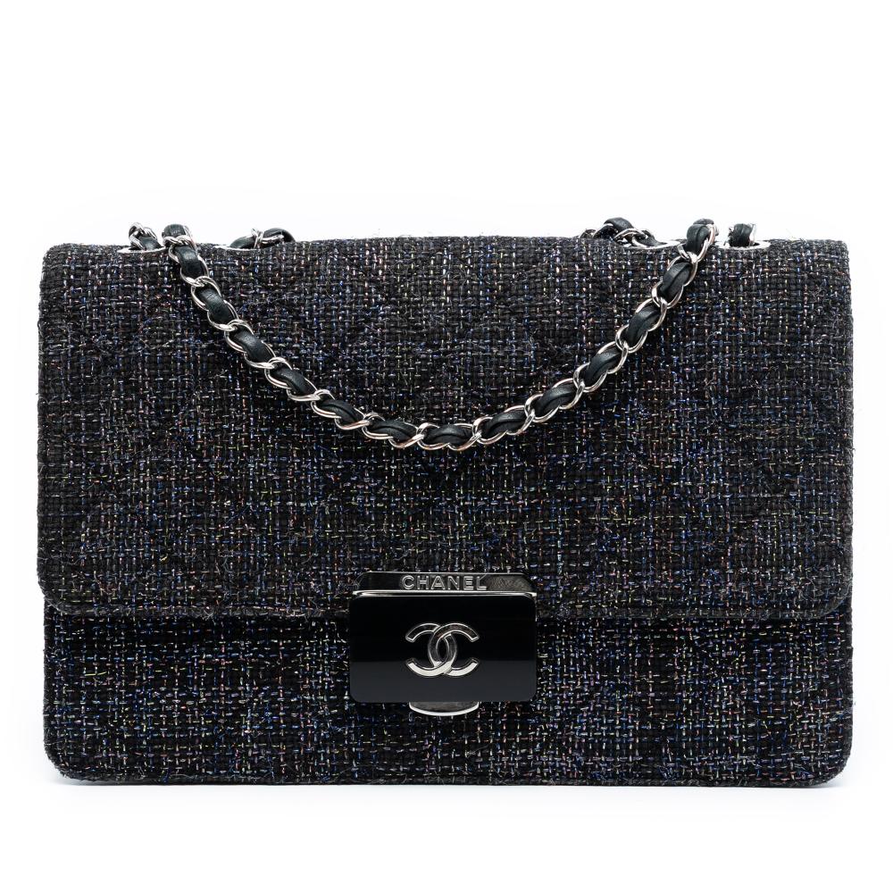 Chanel B Chanel Black Tweed Fabric Large Quilted Beauty Lock Flap Italy
