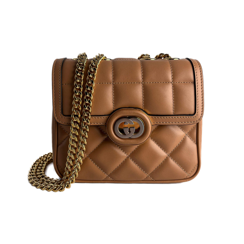 Gucci Deco Mini Leather Matelassé Flap Crossbody Dark Beige