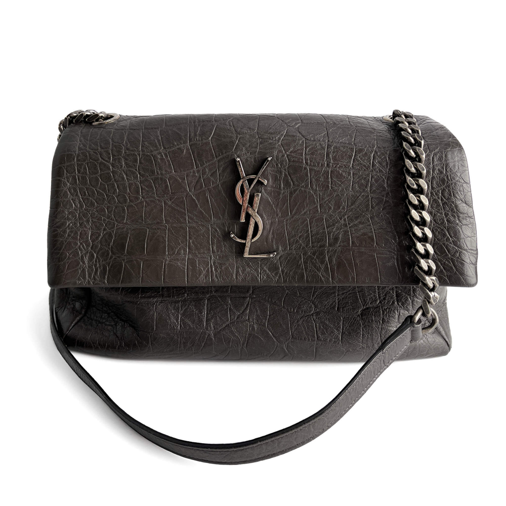 Saint Laurent Niki Medium Moc Croc Grained Calfskin Leather 2-Ways Flap Shoulder Bag Grey