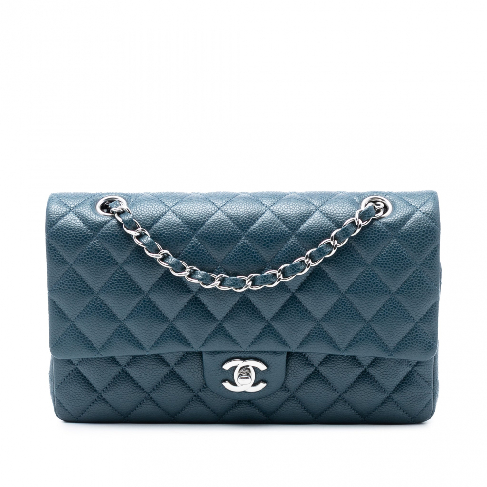 Chanel Classic Double Flap Medium Caviar Leather Matelassè Shoulder Bag Blue
