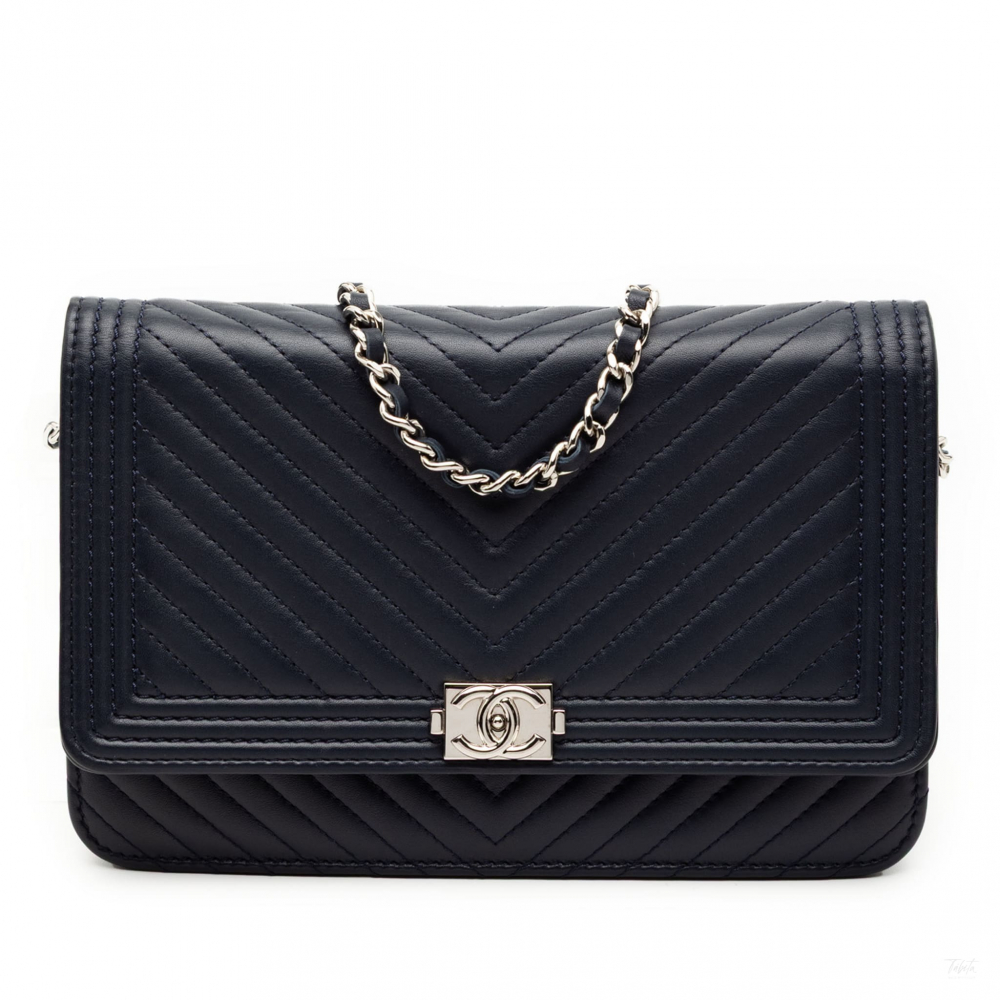 Chanel Boy Lambskin Leather Chevron Wallet on Chain Crossbody Blue