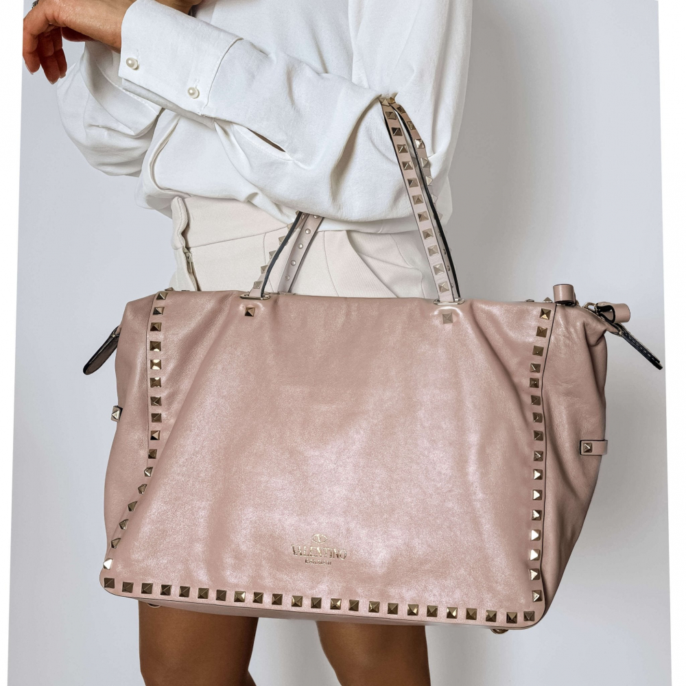 Valentino Rockstud Medium Calfskin Leather Tote Shoulder Bag Dust Pink