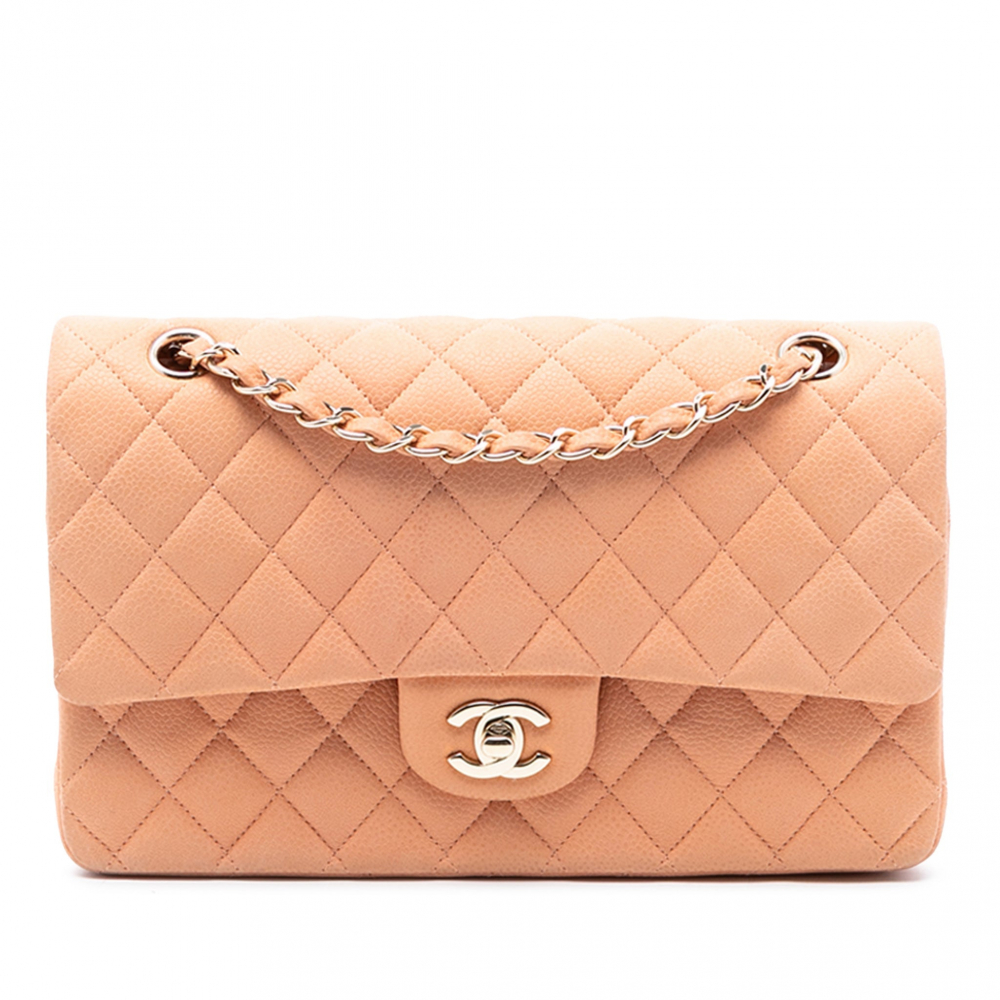 Chanel Classic Double Flap Medium Caviar Leather Matelassè Shoulder Bag Orange