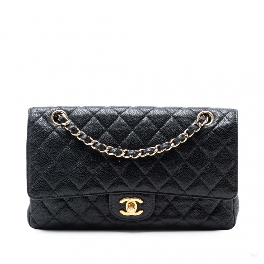 Chanel Classic Double Flap Medium Caviar Leather Matelassè Shoulder Bag Black