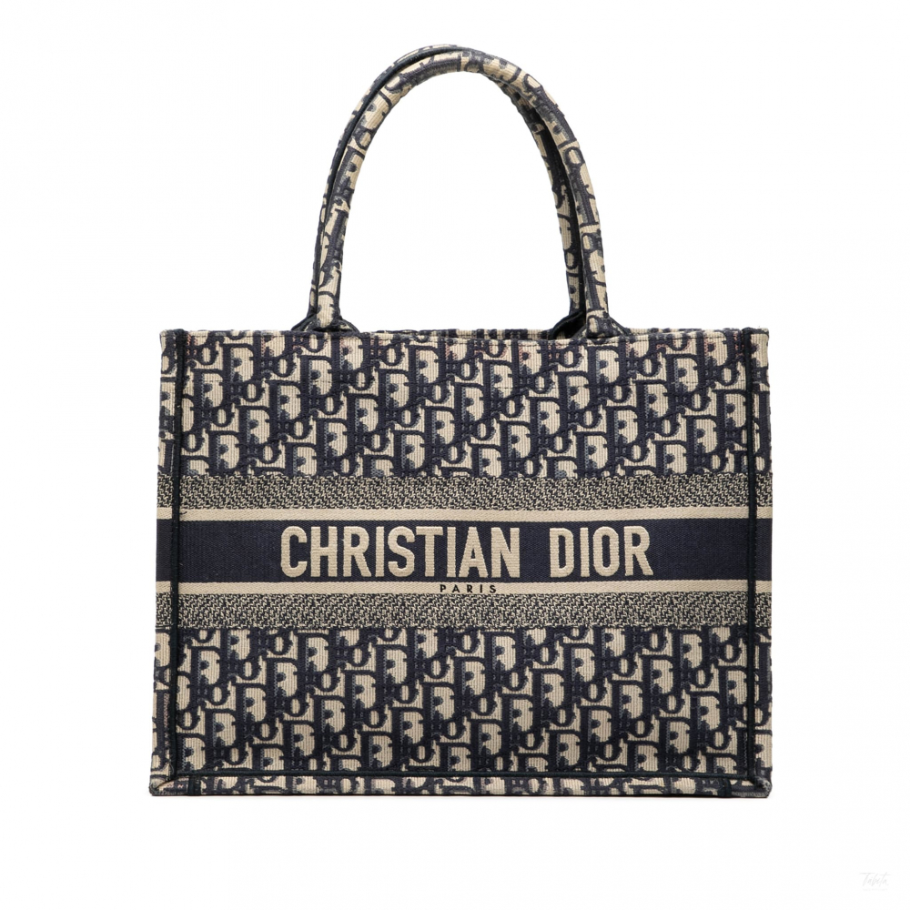 Christian Dior Book Tote Medium Canvas Embroidery Handbag Oblique Blue