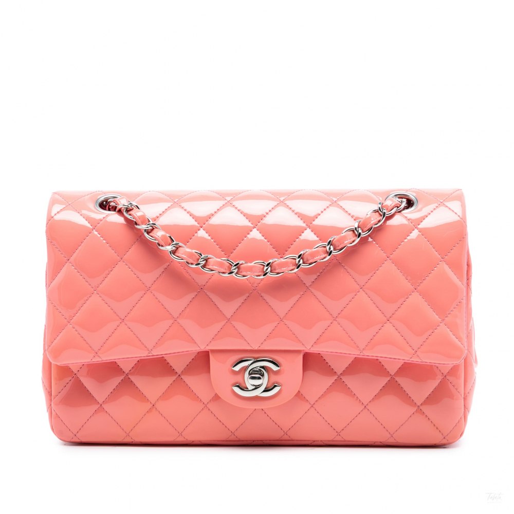 Chanel Classic Double Flap Medium Patent Leather Matelassè Shoulder Bag Pink