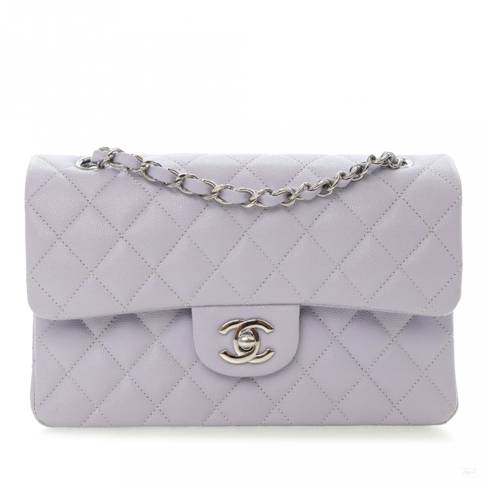 Chanel Classic Double Flap Small Caviar Leather Matelassè Shoulder Bag Purple