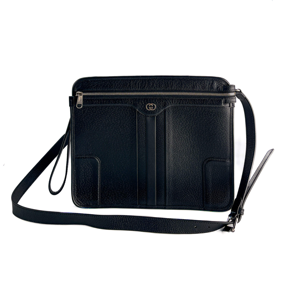 Gucci Interlocking Leather Messenger Crossbody Black