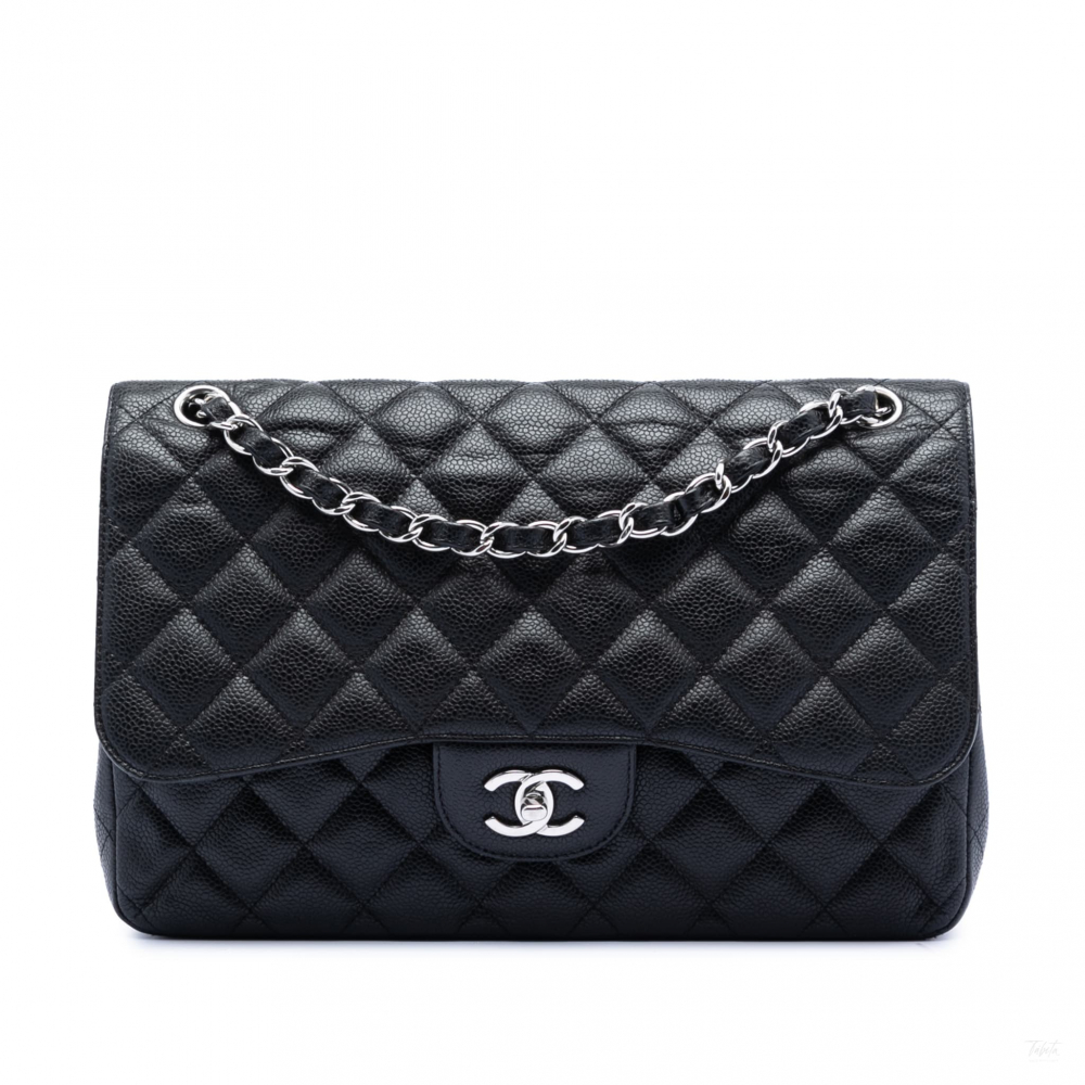 Chanel Classic Double Flap Jumbo Matelassè Caviar Leather Flap Handbag Black
