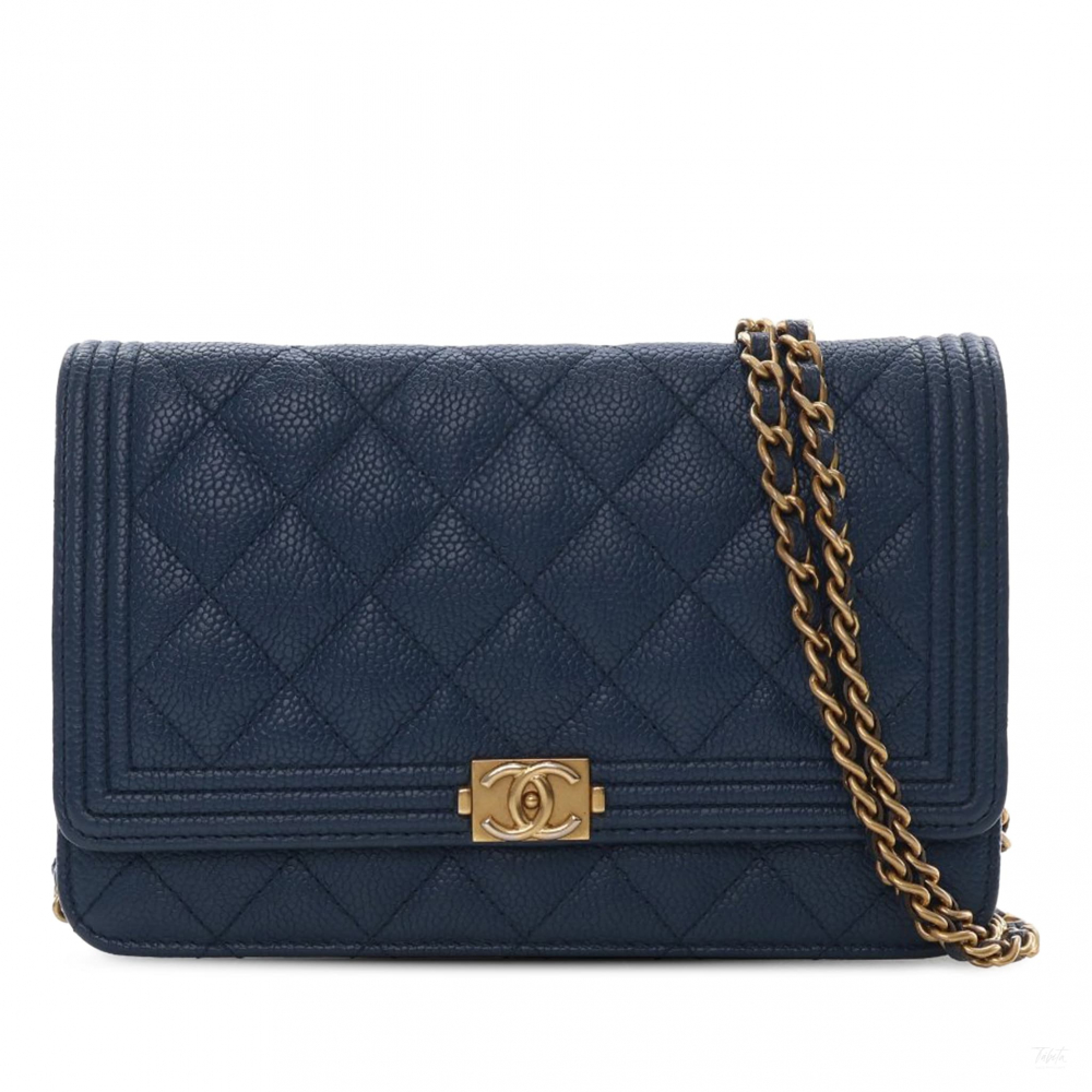 Chanel Boy Caviar Leather Quilted Wallet on Chain Crossbody Blue