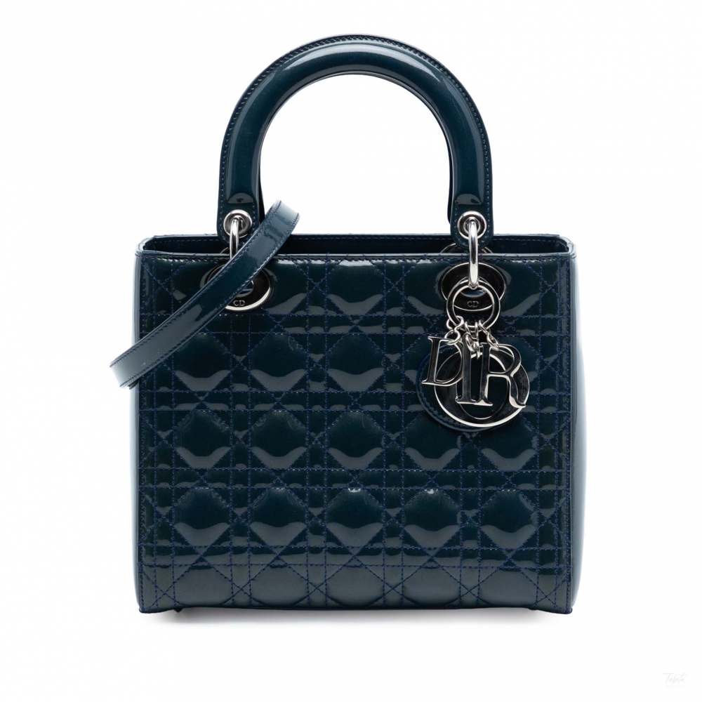 Christian Dior Lady Dior Medium Patent Leather Cannage Tote Handbag Blue