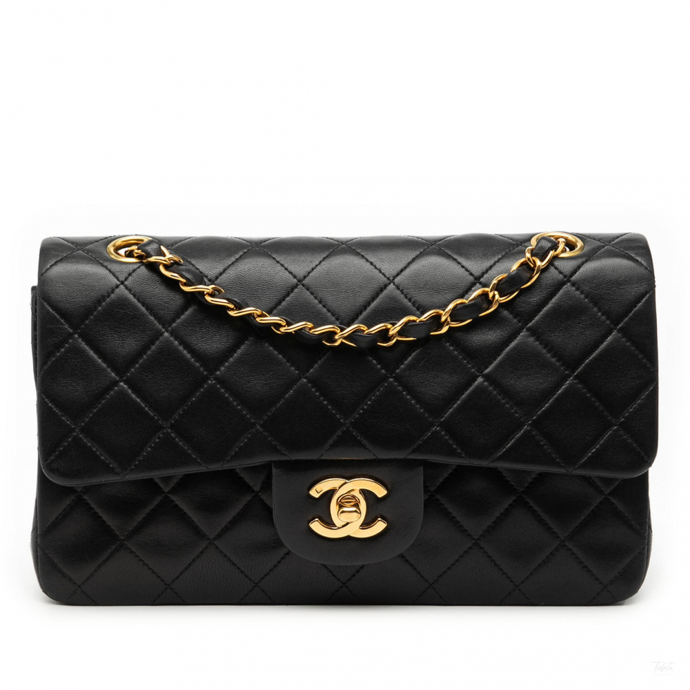 Chanel Classic Double Flap Small Lambskin Leather Matelassè Shoulder Bag Black