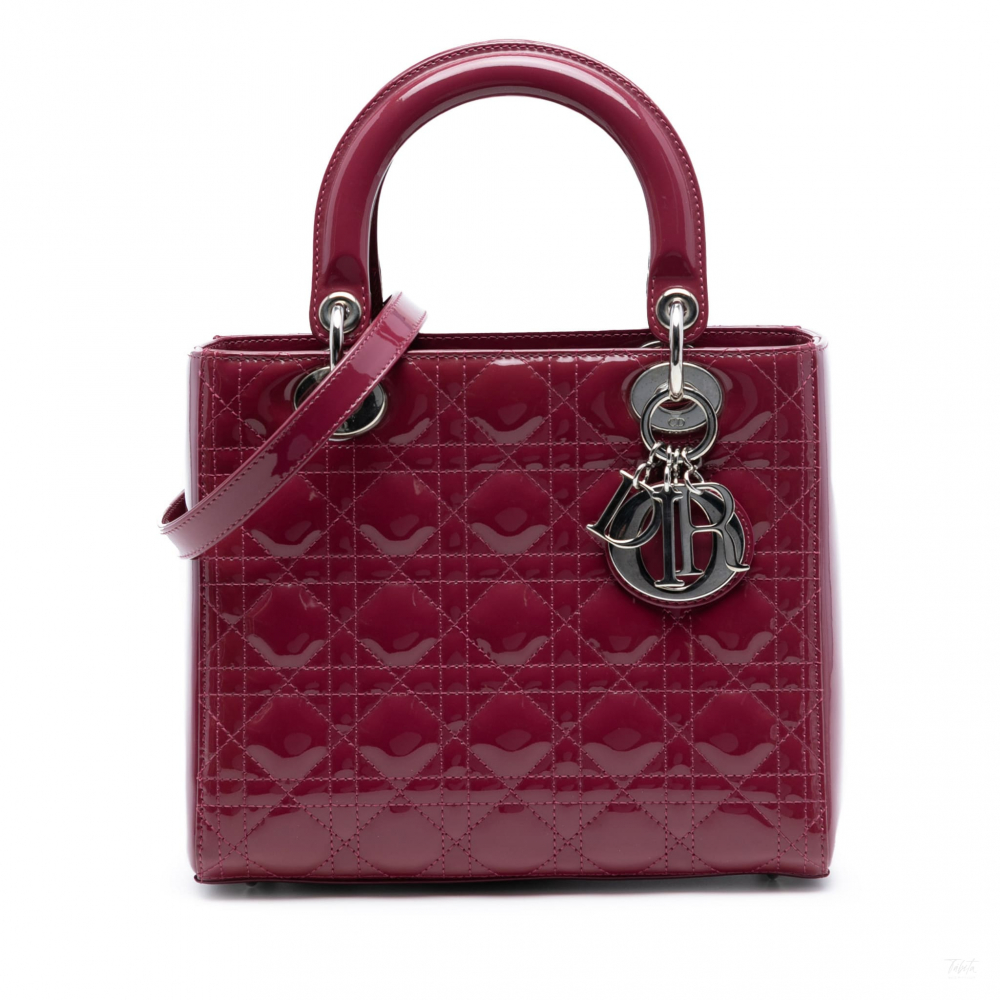 Christian Dior Lady Dior Medium Patent Leather Zip Cannage Tote Handbag Pink