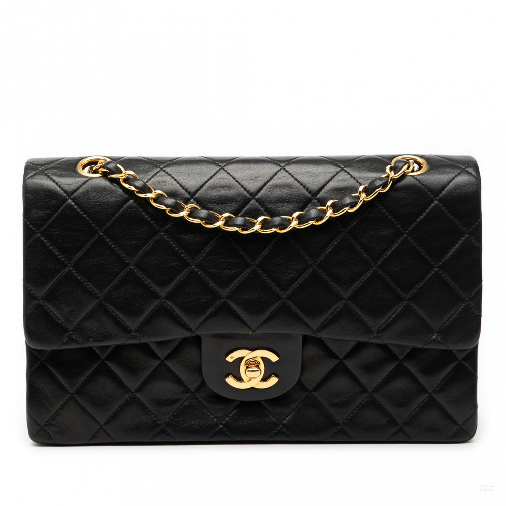 Chanel Vintage Classic Double Flap Medium Lambskin Leather Matelassè Shoulder Bag Black