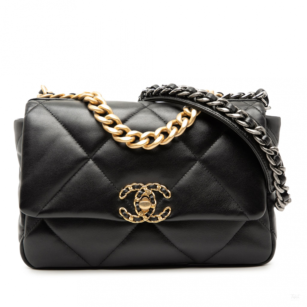 Chanel 19 Medium Lambskin Leather Matelassè Flap Handbag Black