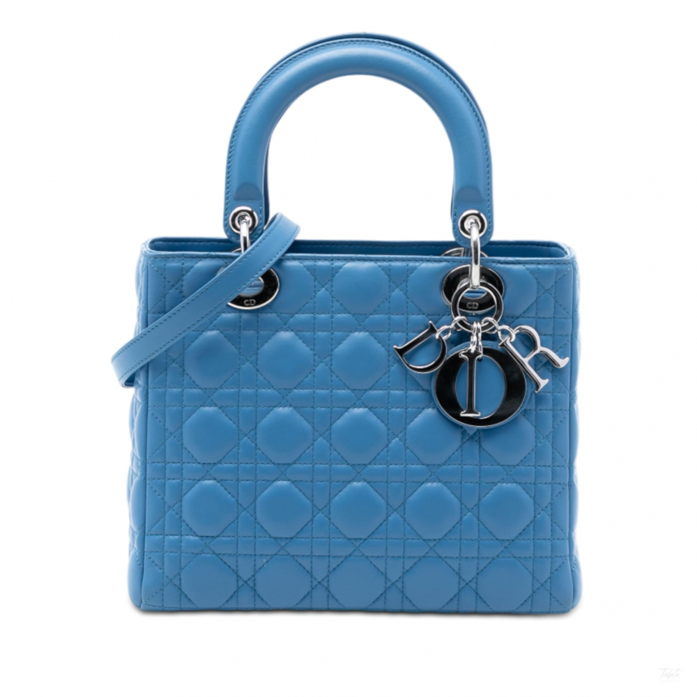 Christian Dior Lady Dior Medium Zip Closure Cannage Lambskin Leather 2-Ways Tote Bag Blue