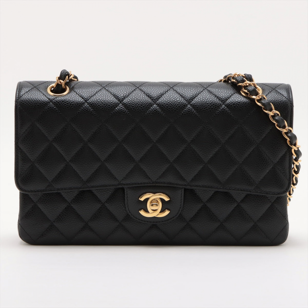 Chanel Classic Double Flap Medium Caviar Leather Matelassè Shoulder Bag Black