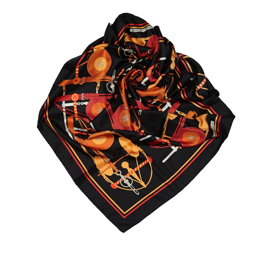 Hermès A Hermes Black with Multi Silk Fabric Brides et Frontaux Scarf FRANCE